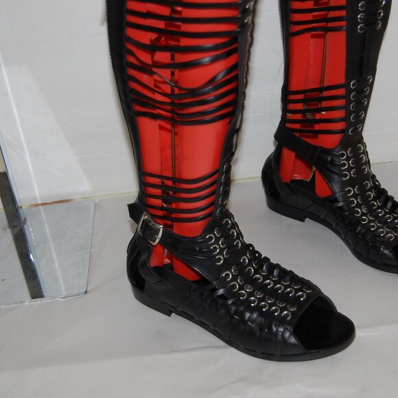 38/US8❤️ Diesel Black Gold Leather GLADIATOR Flat Heels Sandals Boots ITALY - Picture 6 of 12